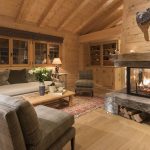 traditional wooden chalet with fireplace lighting