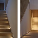 wooden stairs to basement with slot details and elegant floor washing details