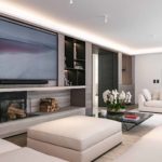 Modern living room with sleek lit joinery unit